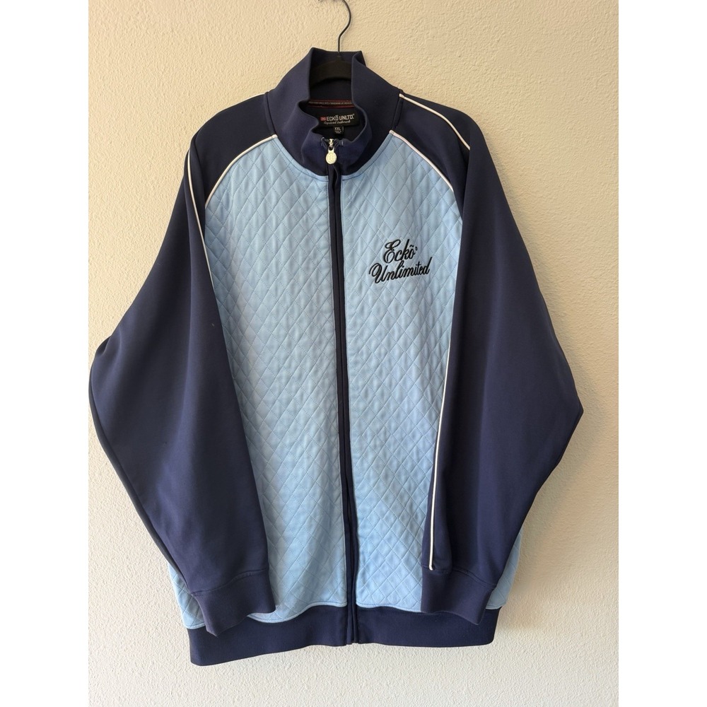 VTG Ecko Unltd Quilted Track Jacket/Coat Men's 2XL Blue White Piping Embroidered